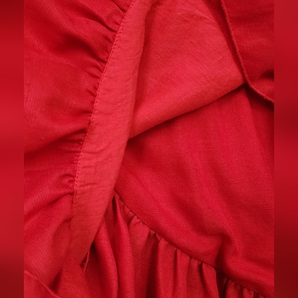 ETOPHE STUDIOS RED ORANGE FAUX WRAP SHOR FRILLS WAIST TIE DRESS LARGE - Picture 7 of 13